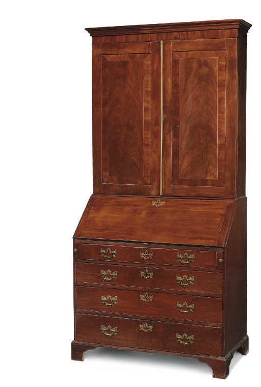 A GEORGE II BRASS-MOUNTED MAHOGANY BUREAU BOOKCASE