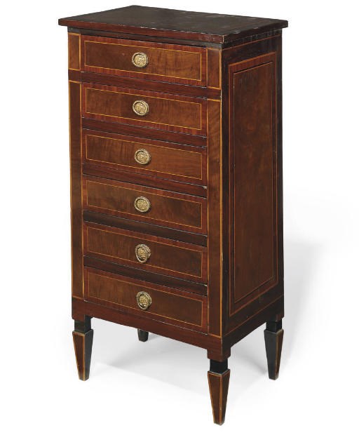 A NORTH ITALIAN GILT-METAL MOUNTED FRUITWOOD, TULIPWOOD, KINGWOOD AND SATINWOOD BANDED CHIFFONIER
