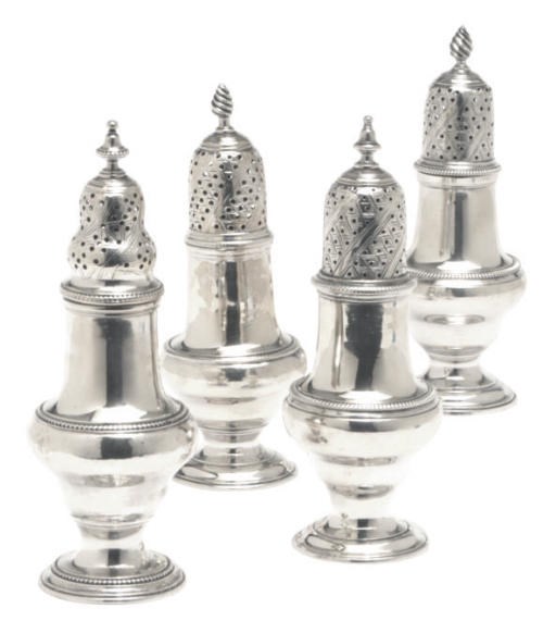 A GROUP OF FOUR GEORGE III SILVER CASTERS,