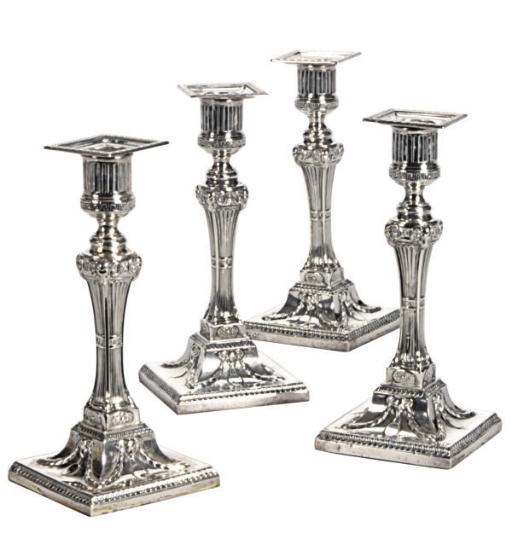 A SET OF FOUR VICTORIAN SILVER SMALL CANDLESTICKS,