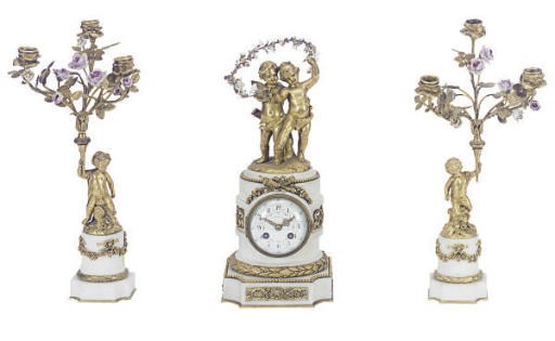 A FRENCH GILT-BRONZE AND PORCELAIN MOUNTED MARBLE CLOCK GARNITURE,