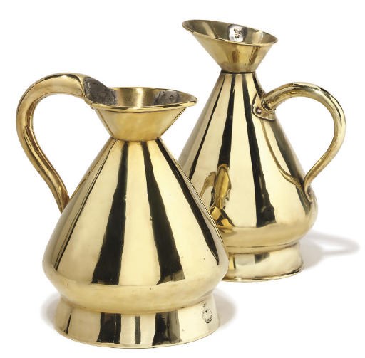 TWO RARE BRASS HALF-GALLON WINE MEASURES