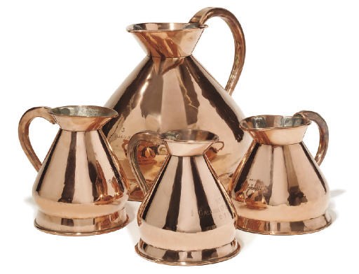 FOUR VICTORIAN COPPER WINE MEASURES