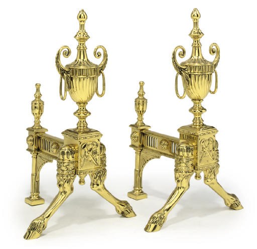 A PAIR OF ENGLISH BRASS FIRE DOGS