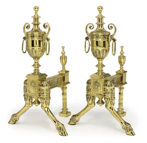 A PAIR OF ENGLISH BRASS FIRE DOGS