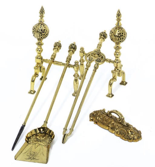 A VICTORIAN BRASS FIRE-TOOL SET