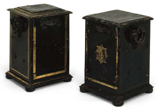 TWO ENGLISH JAPANNED TOLE AND IRON COAL BINS
