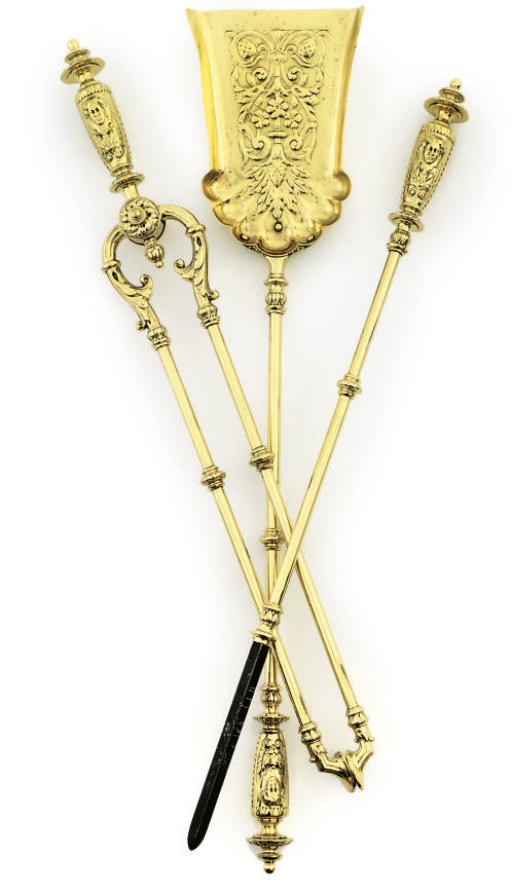 A RARE SET OF VICTORIAN BRASS FIRE-TOOLS