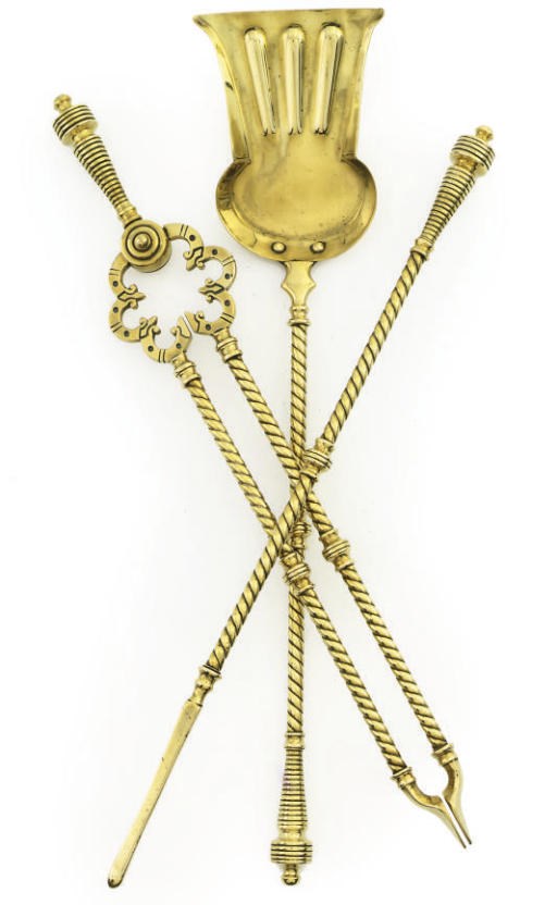 A SET OF VICTORIAN BRASS FIRE-TOOLS