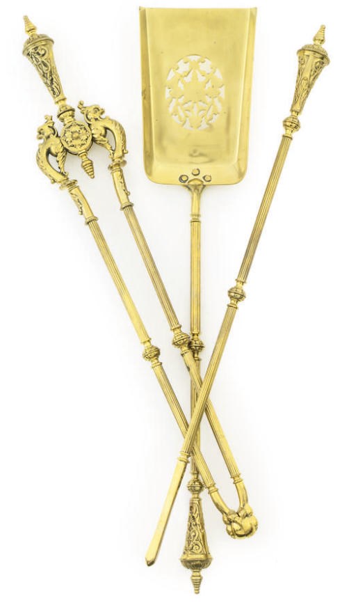 A RARE SET OF VICTORIAN BRASS FIRE TOOLS