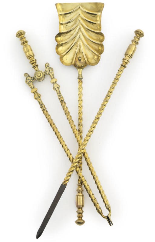 A SET OF VICTORIAN BRASS FIRE-TOOLS