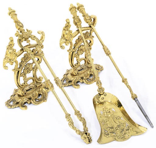A SET OF VICTORIAN LACQUERED BRASS FIRE-TOOLS