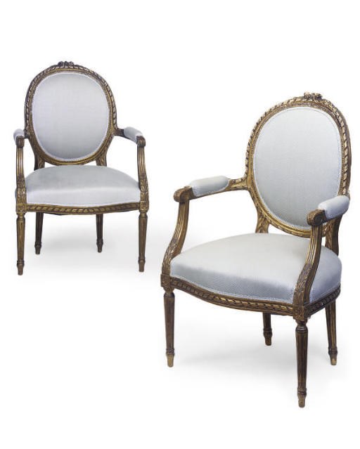 A PAIR OF LOUIS XVI STYLE GILTWOOD ARMCHAIRS
