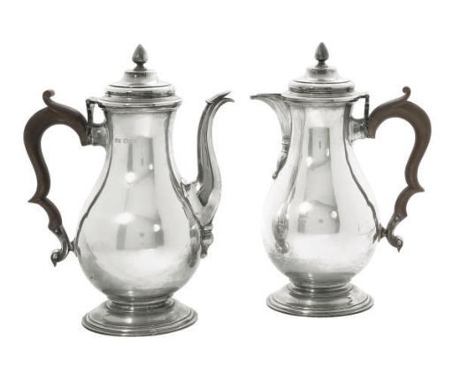 A PAIR OF SILVER CAFE-AU-LAIT POTS IN THE EARLY GEORGE II STYLE,