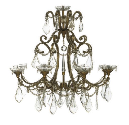 AN ITALIAN GILT-METAL AND GLASS MOUNTED EIGHT LIGHT CHANDELIER
