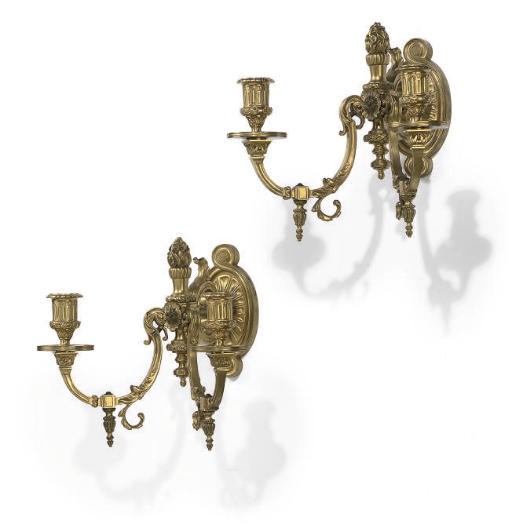 A PAIR OF FRENCH GILT-BRONZE TWIN-LIGHT WALL APPLIQUES
