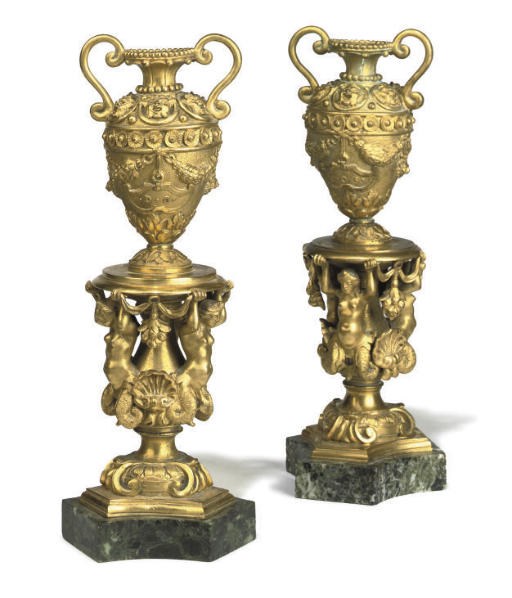 A PAIR OF ITALIAN GILT-BRONZE TWO-HANDLED VASES