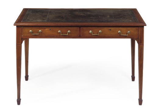AN EDWARDIAN MAHOGANY AND INLAID TWO DRAWER WRITING TABLE
