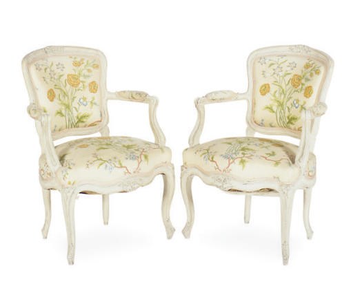 A PAIR OF LOUIS XV CREAM-PAINTED AND UPHOLSTERED FAUTEUILS,