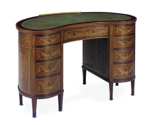 AN EDWARDIAN MAHOGANY, SATINWOOD-BANDED AND MARQUETRY KIDNEY-FORM DESK,