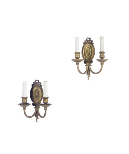 A SET OF FOURTEEN GILT-METAL TWO-BRANCH WALL LIGHTS,