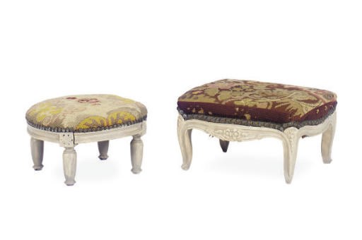 TWO FRENCH GREY-PAINTED TABOURETS,