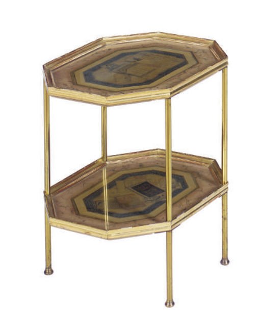 A GILTWOOD AND BRASS OCTAGONAL FORM DOUBLE-TIER SIDE TABLE,