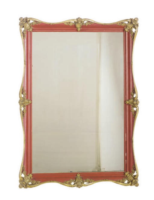 A PAINTED RED AND PARCEL-GILT MIRROR,