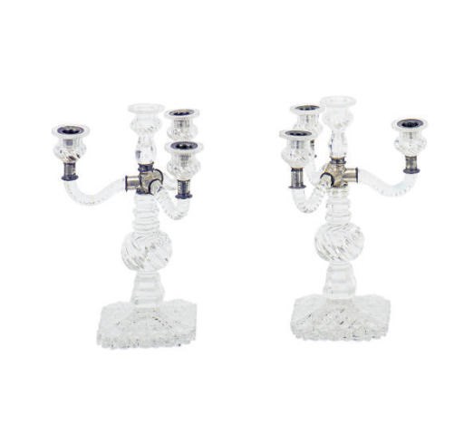 A PAIR OF CUT-GLASS FOUR-LIGHT CANDELABRA,