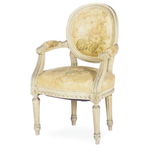 A FRENCH GREY-PAINTED AND UPHOLSTERED CHILD'S CHAIR,