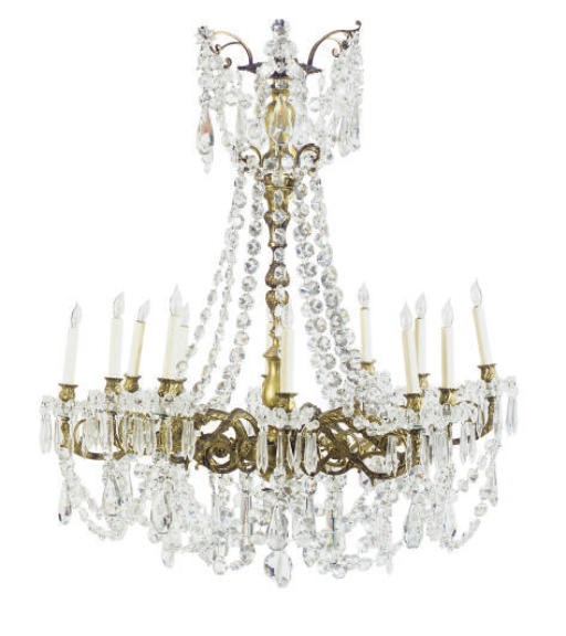 A GILT-METAL, BRASS AND CUT-GLASS TWELVE-LIGHT CHANDELIER,