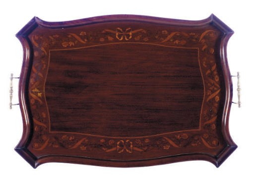 A VICTORIAN MAHOGANY AND MARQUETRY TRAY,