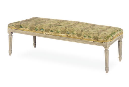 A LOUIX XVI GREY-PAINTED AND UPHOLSTERED BENCH,