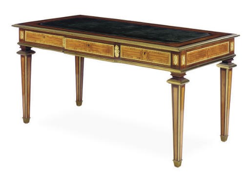A FRENCH GILT-METAL MOUNTED MAHOGANY, TULIPWOOD AND SATINWOOD BUREAU PLAT,