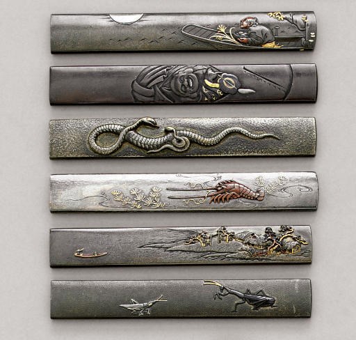 A Silver Kozuka, Two Nara School Kozuka, a Miyata School Kozuka, a Hamano School kozuka and a Shibuichi Kozuka