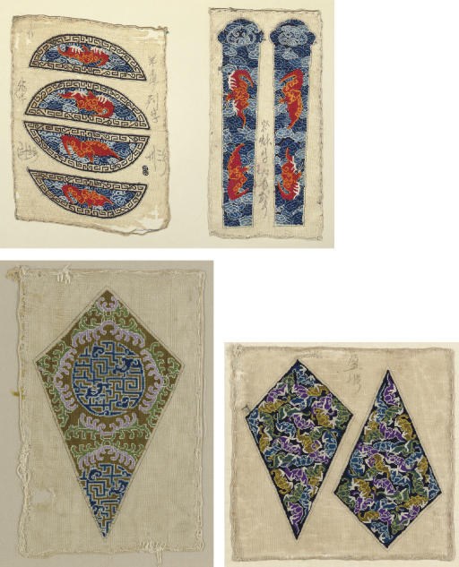 AN UNMADE EMBROIDERED FAN CASE AND GROUP OF PURSES