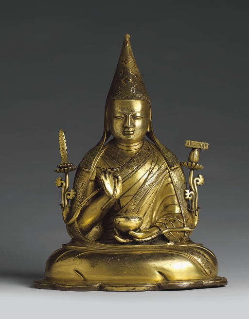 A large gilt bronze figure of Tsong Khapa