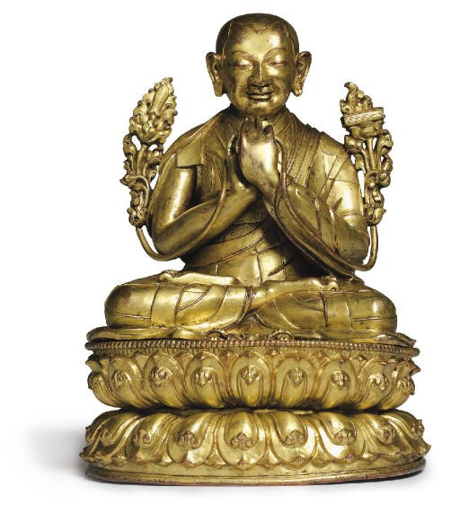 A gilt bronze figure of Tsongkhapa