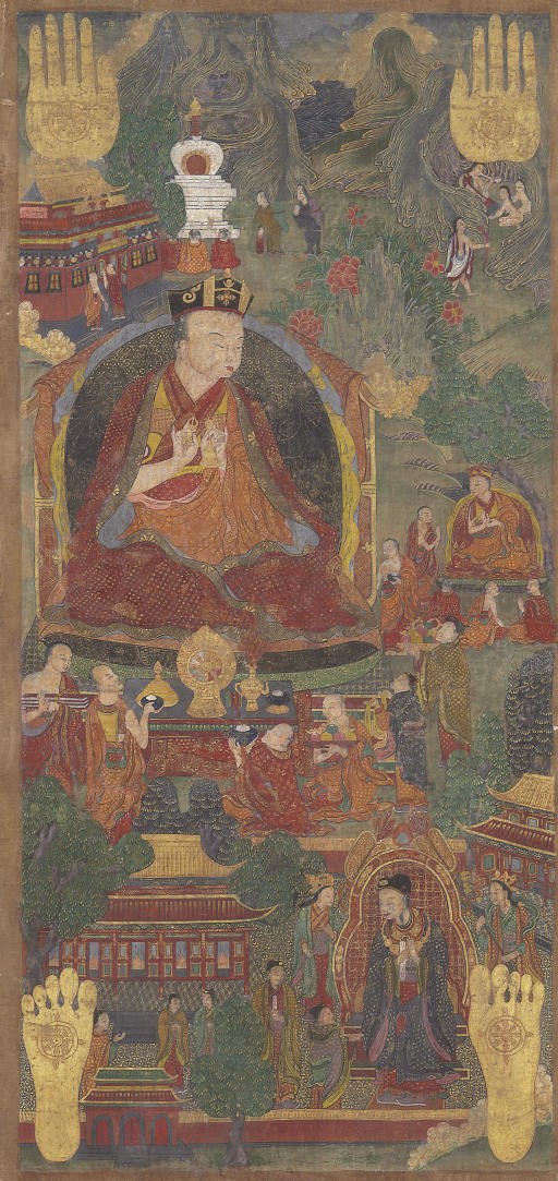 An Rare Thangka of the Fifth Karmapa, Deshin Shegpa, meeting Emperor Yongle