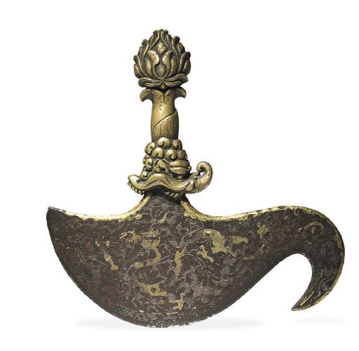 A Silver and Gold Damascened Iron and Bronze Ritual Curved Knife
