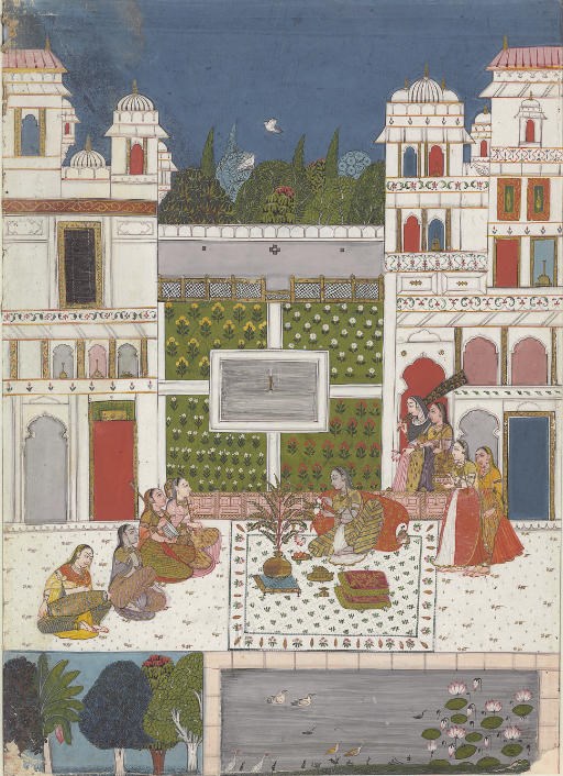 An Illustration from a Ragini: Lady worshipping a Tulsi plant
