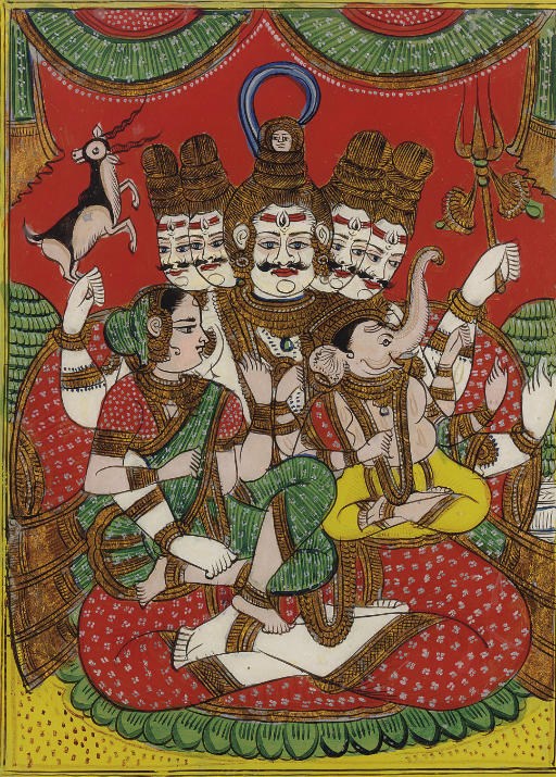 A reverse glass painting of Shiva, Parvati and Ganesh