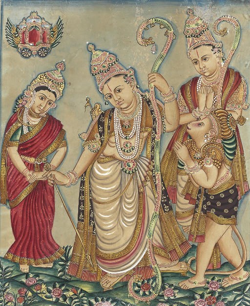 A painting of Rama, Sita, Lakshman and Hanuman