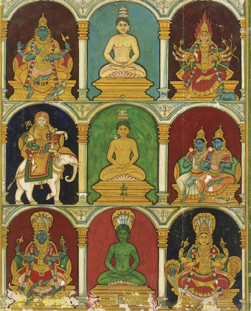 Three tirthankaras with their attendant deities