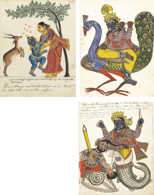 A group of three illustrations of Krishna