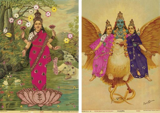 Lakshmi and Garuda bearing Vishnu and his wives