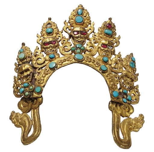A gilt copper repousse crown of Mahakala