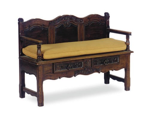 AN OAK AND FRUITWOOD BENCH,