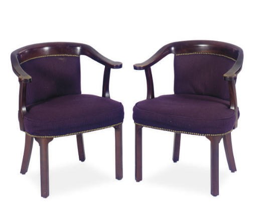 A PAIR OF MAHOGANY AND UPHOLSTERED OPEN ARMCHAIRS,