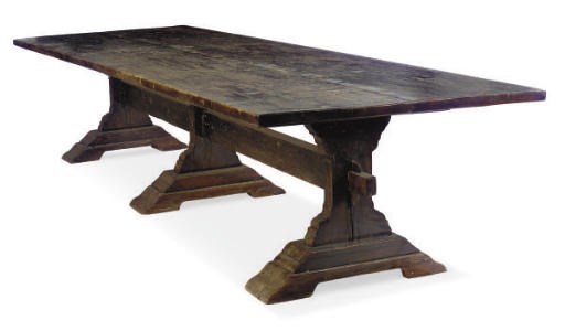 A LARGE OAK RECTANGULAR-SHAPED DINING TABLE,